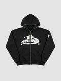 Y2K Avenue black zip-up hoodie with white star and lettering graphic, featuring a fleece-lined interior and hood.