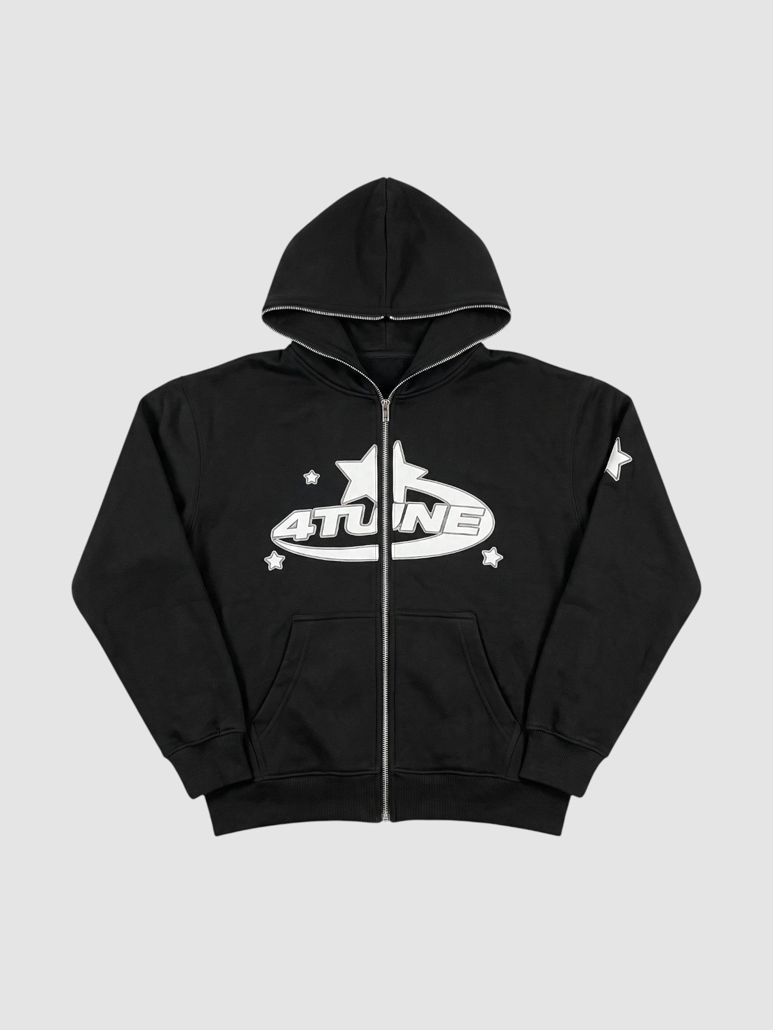 Y2K Avenue black zip-up hoodie with white star and lettering graphic, featuring a fleece-lined interior and hood.