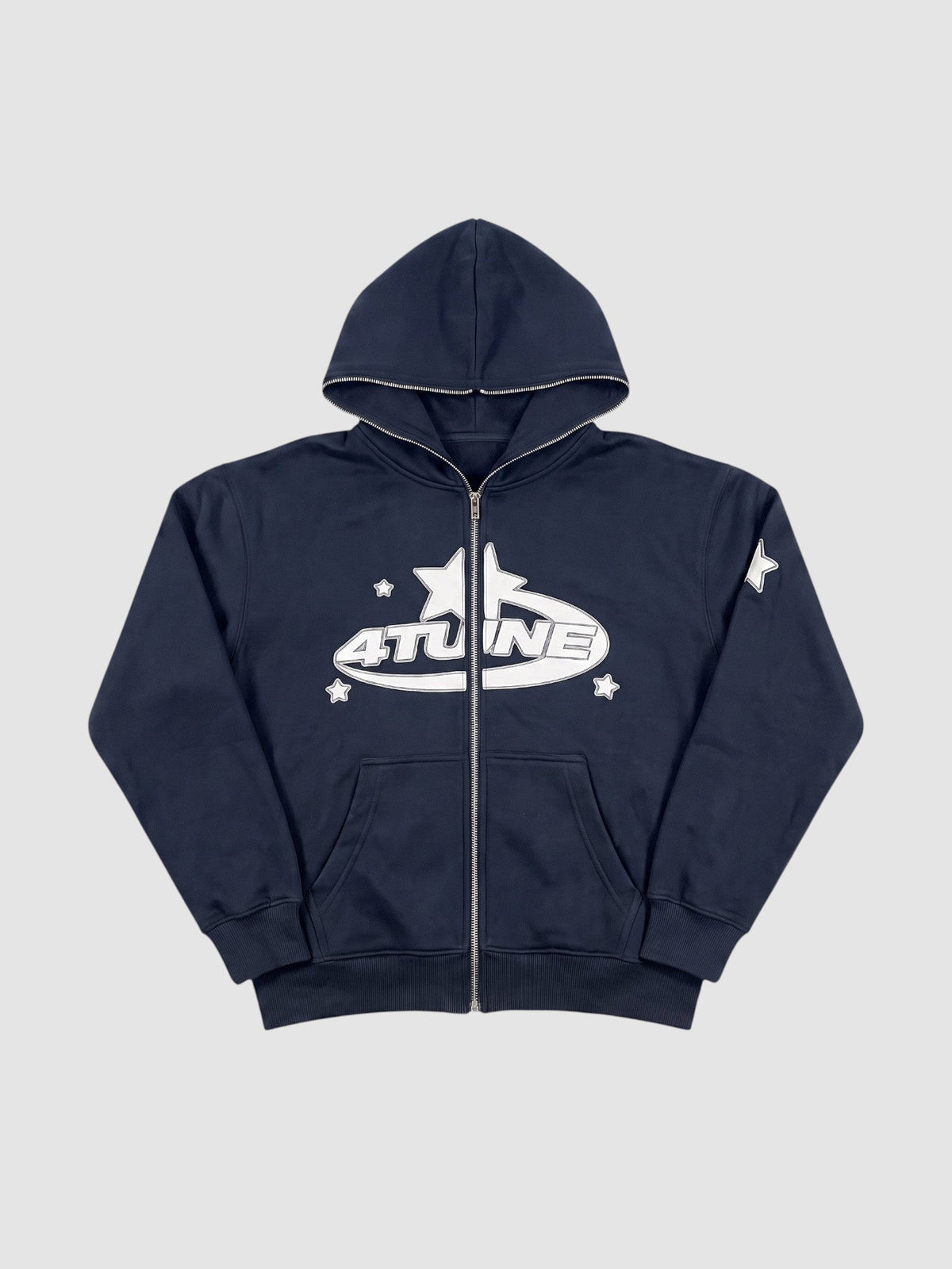 Y2K Avenue black zip-up hoodie with white star graphic lettering and fleece lining in a relaxed Y2K aesthetic.