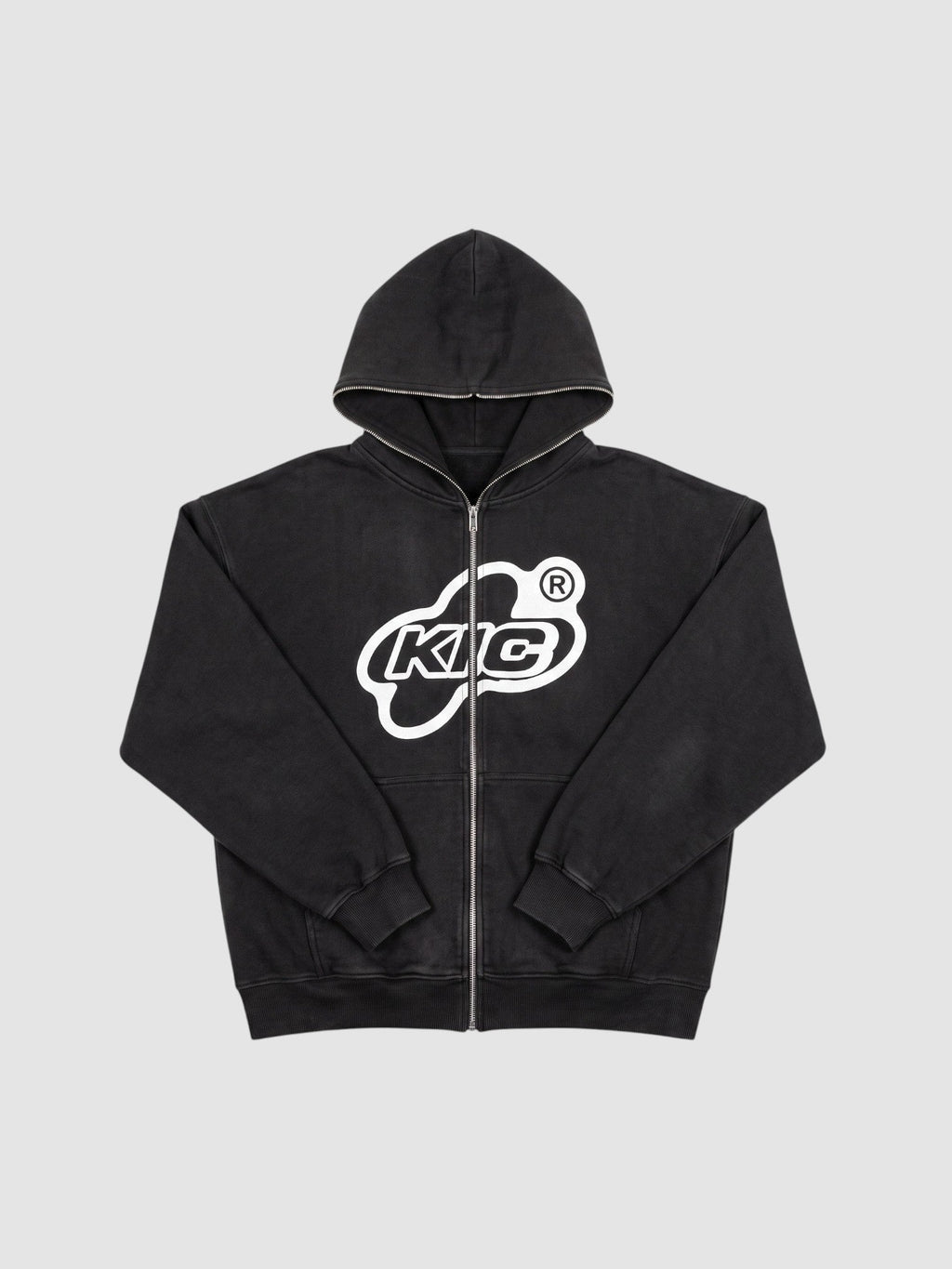 Y2K Avenue black zip-up hoodie with white bubble logo, contrast piping on hood and zipper, and oversized fit.