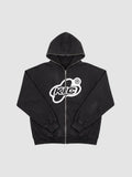 Y2K Avenue black zip-up hoodie with white bubble logo, contrast piping on hood and zipper, and oversized fit.