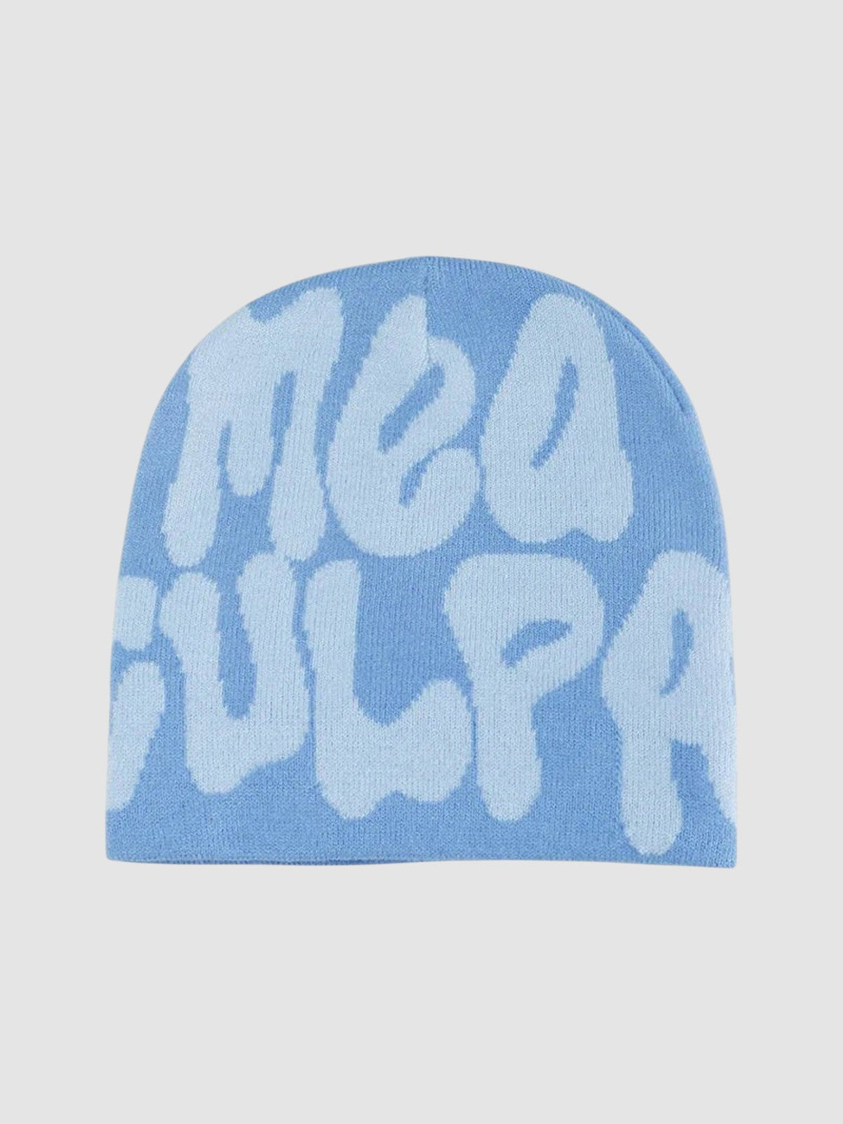 Y2K Avenue blue beanie with light blue bubble letter graffiti print in a skullie style without a cuff.