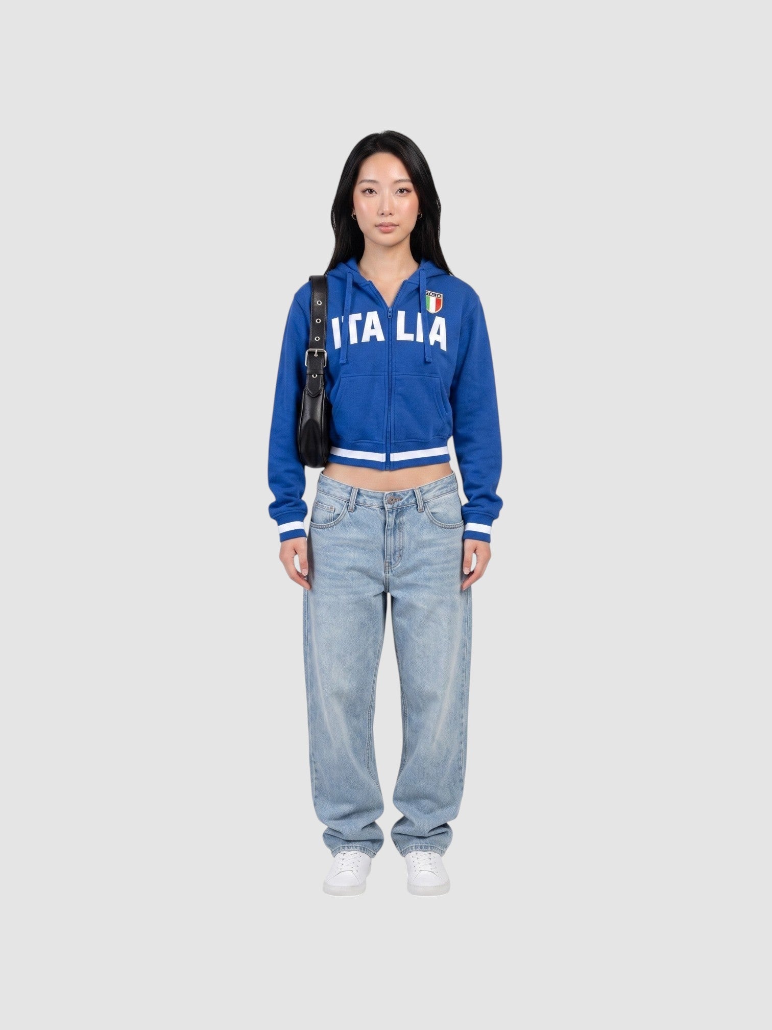 Y2K AVENUE royal blue cropped zip-up hoodie with white ITALIA lettering and Italian flag patch on a model