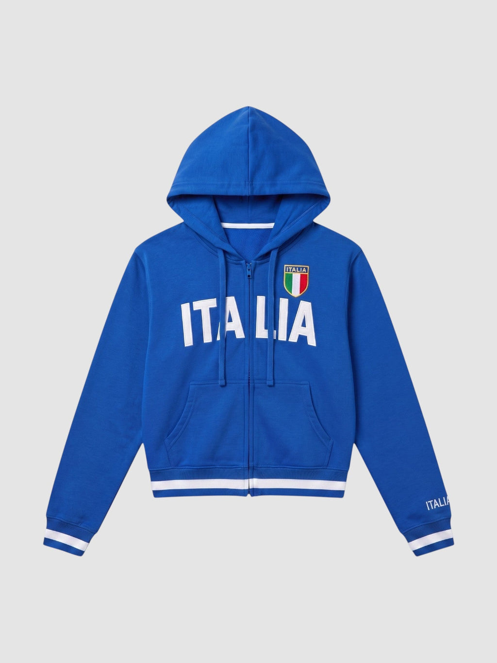 Y2K Avenue royal blue zip-up hoodie with white ITALIA lettering, Italian flag patch, and striped ribbed cuffs.