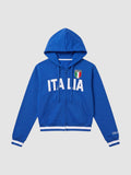 Y2K Avenue royal blue zip-up hoodie with white ITALIA lettering, Italian flag patch, and striped ribbed cuffs.