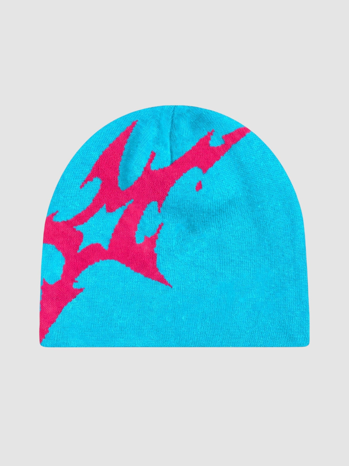 Y2K Avenue beanie in bright blue acrylic knit with a bold, asymmetrical pink lightning bolt graphic pattern.