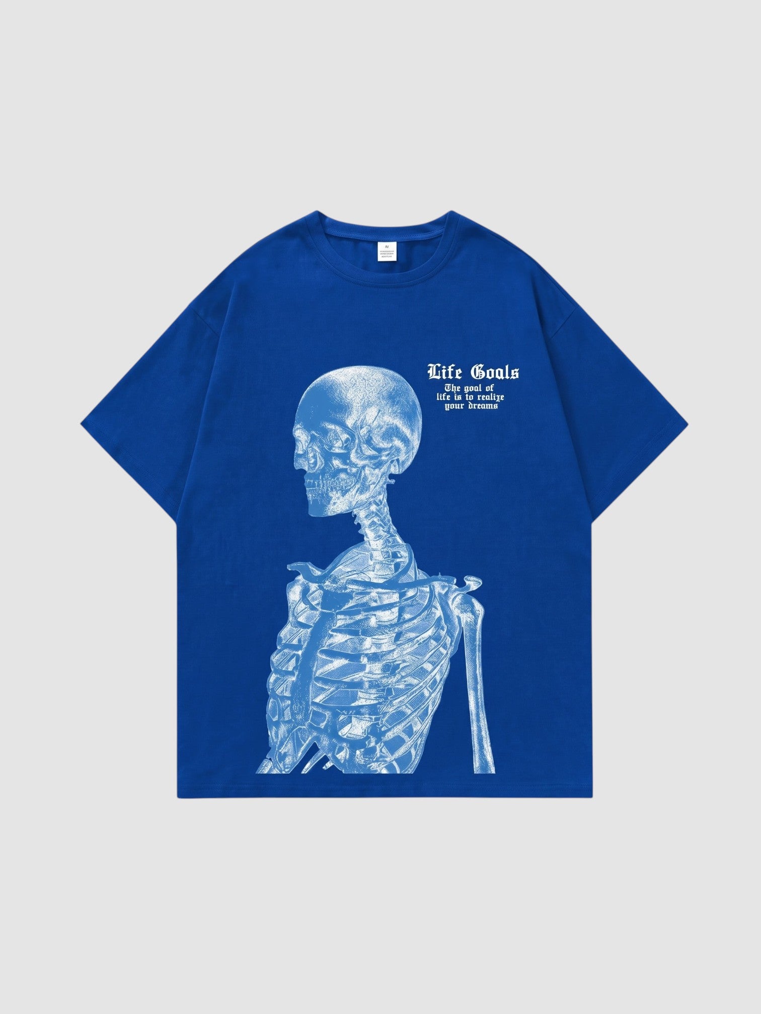 Y2K Avenue unisex blue cotton t-shirt featuring a white skeleton print and gothic Life Goals text on the front