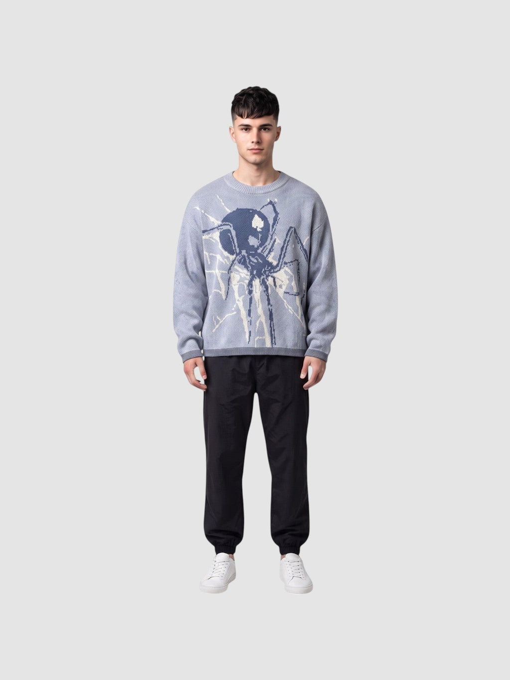 Y2K AVENUE blue knit sweater featuring a large spider web graphic, worn by a man with black trousers and sneakers.