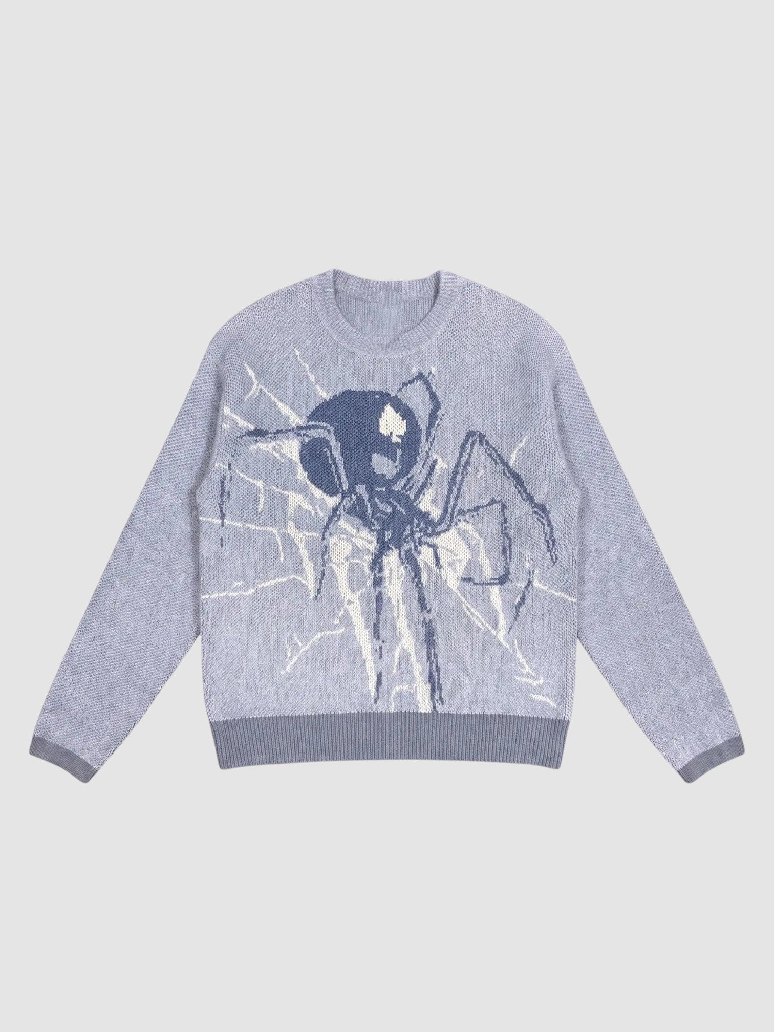 Y2K AVENUE blue knit sweater featuring a large gothic spider web design on the chest with a crew neck and loose fit.