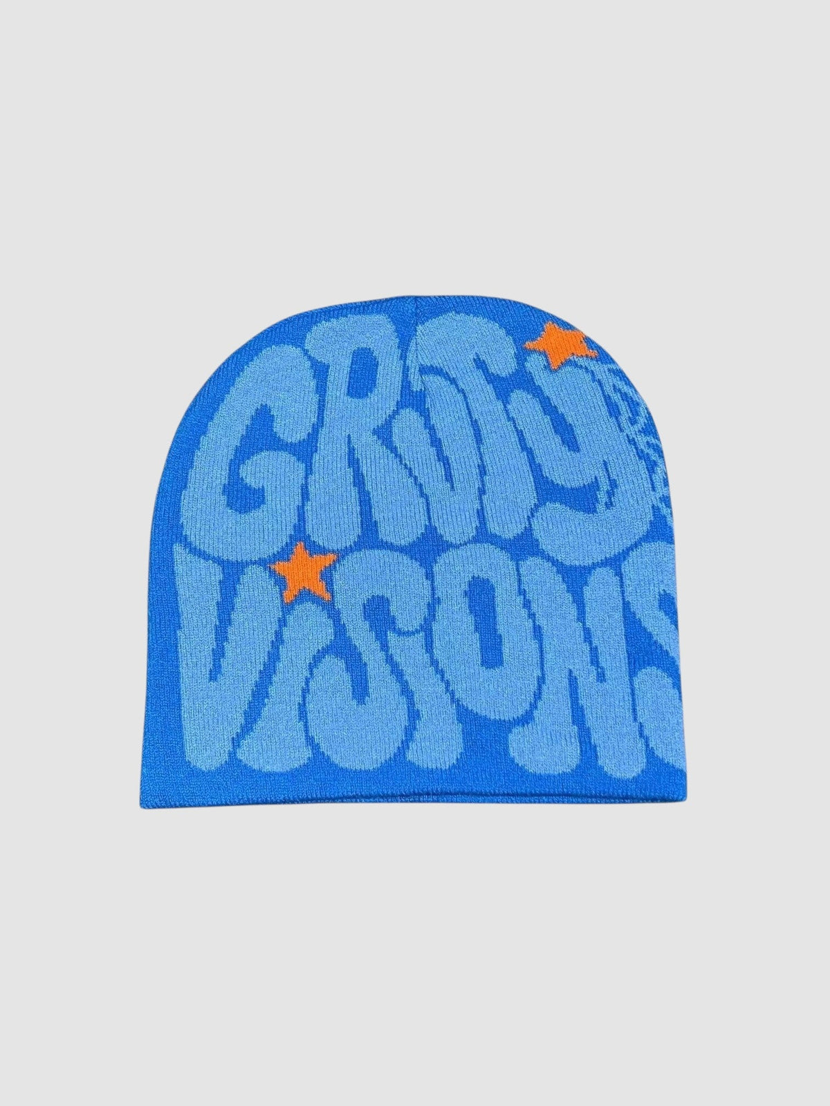 Y2K Avenue vintage beanie in blue with groovy bubble lettering and orange star accents in a soft knit fabric