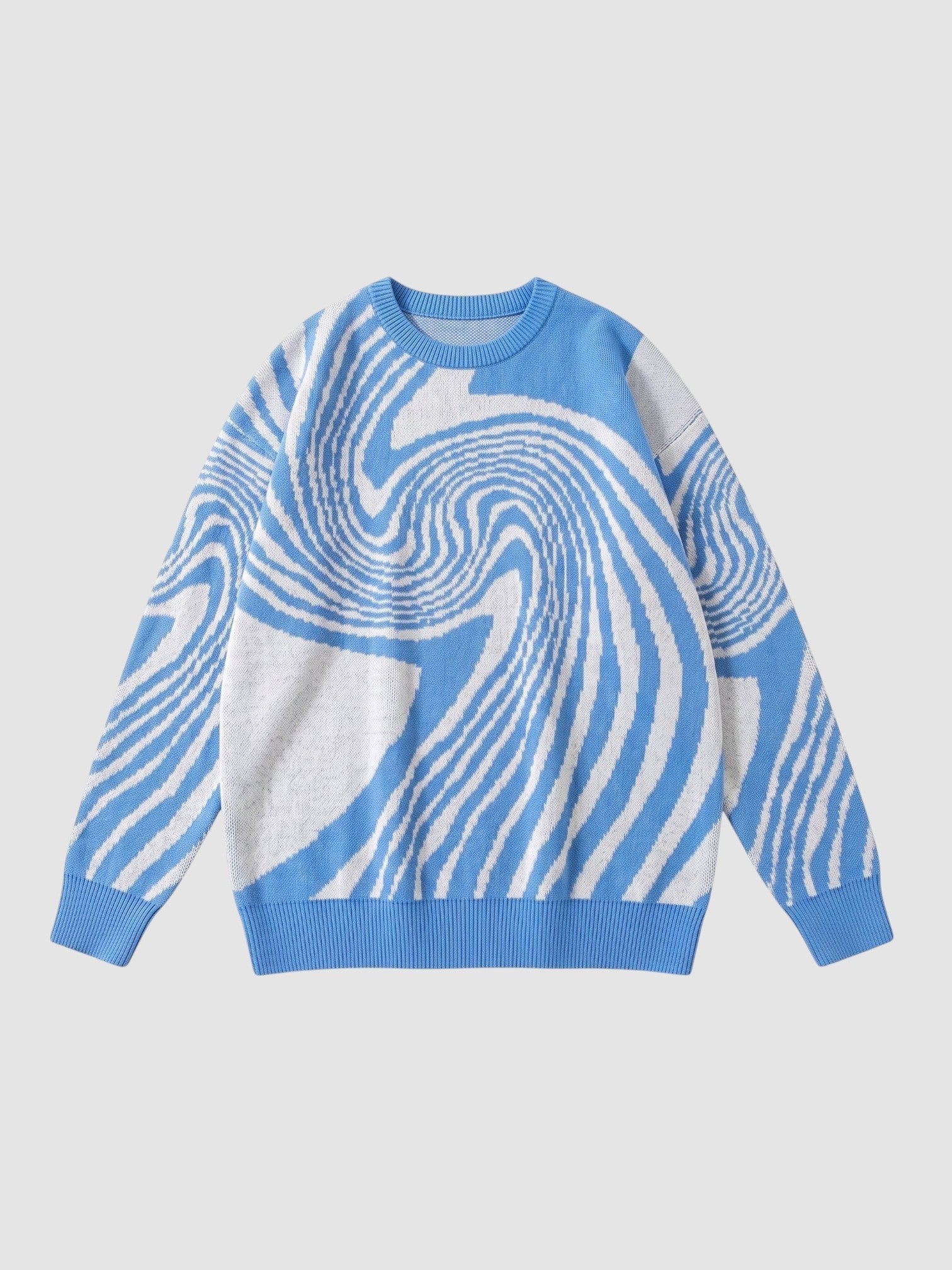 Y2K AVENUE blue and white spiral pattern knit sweater with a crew neck and long sleeves in a lightweight polyester.