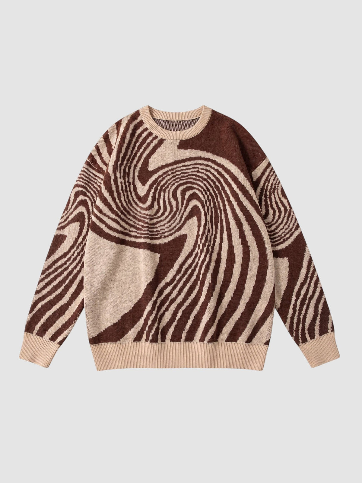 Y2K AVENUE brown and beige spiral pattern knit sweater with a round neck and ribbed cuffs in a lightweight design.