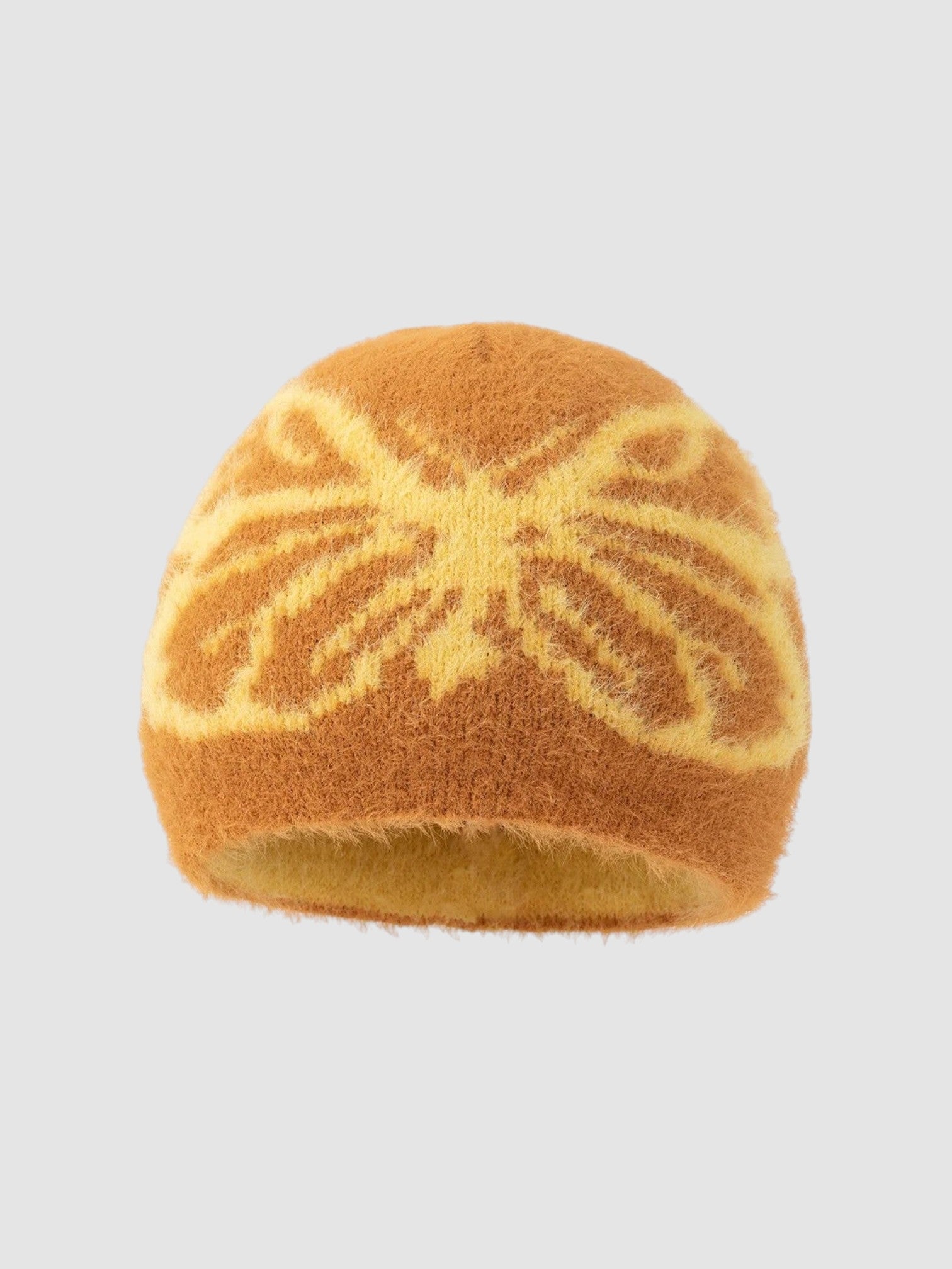 Y2K Avenue fuzzy brown beanie with a yellow butterfly wing pattern in a soft, plush texture.