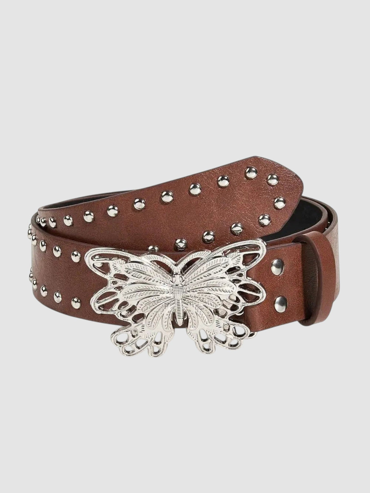 Y2K Avenue brown faux leather belt featuring silver butterfly filigree buckle and metal stud detailing.