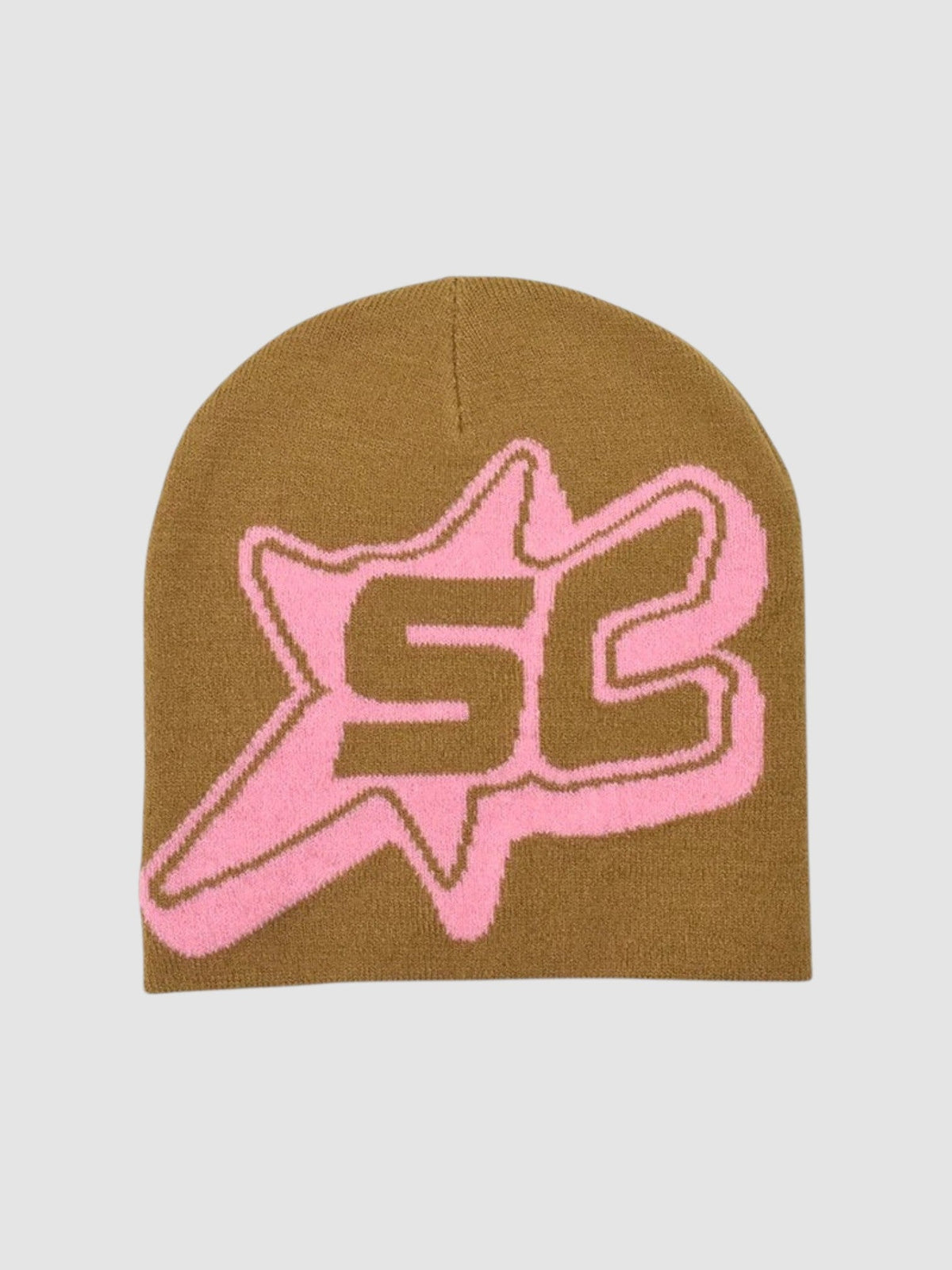 Y2K Avenue brown skullie beanie featuring a pink SC monogram inside a star design in a soft knit fabric