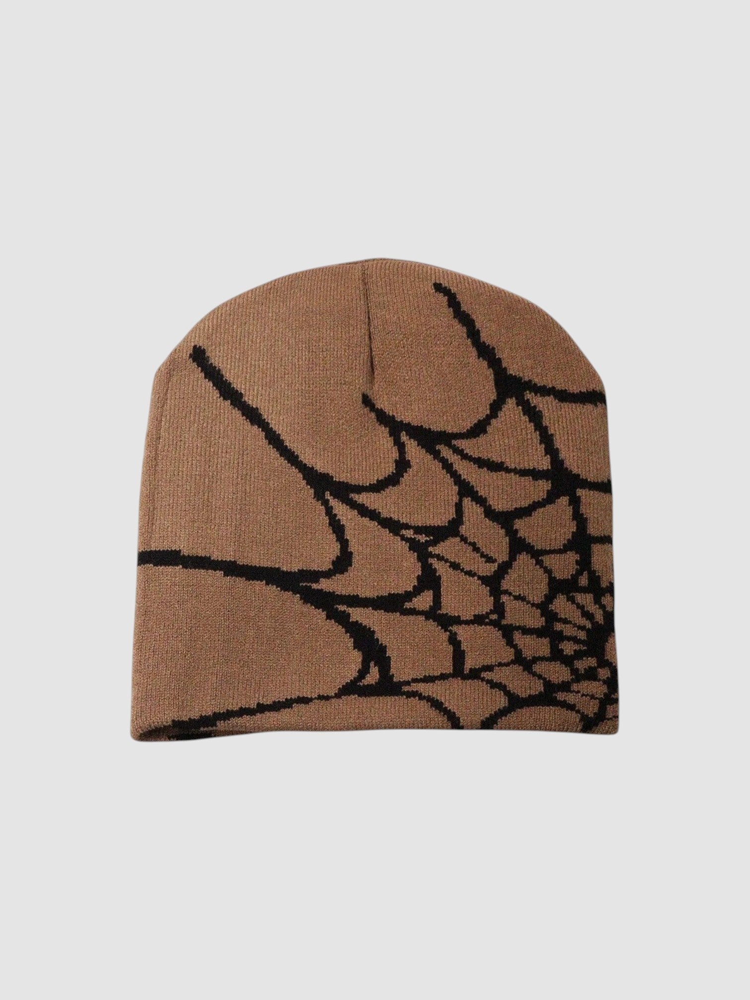 Y2K Avenue brown knit beanie featuring a black spider web graphic pattern on a lightweight polyester fabric