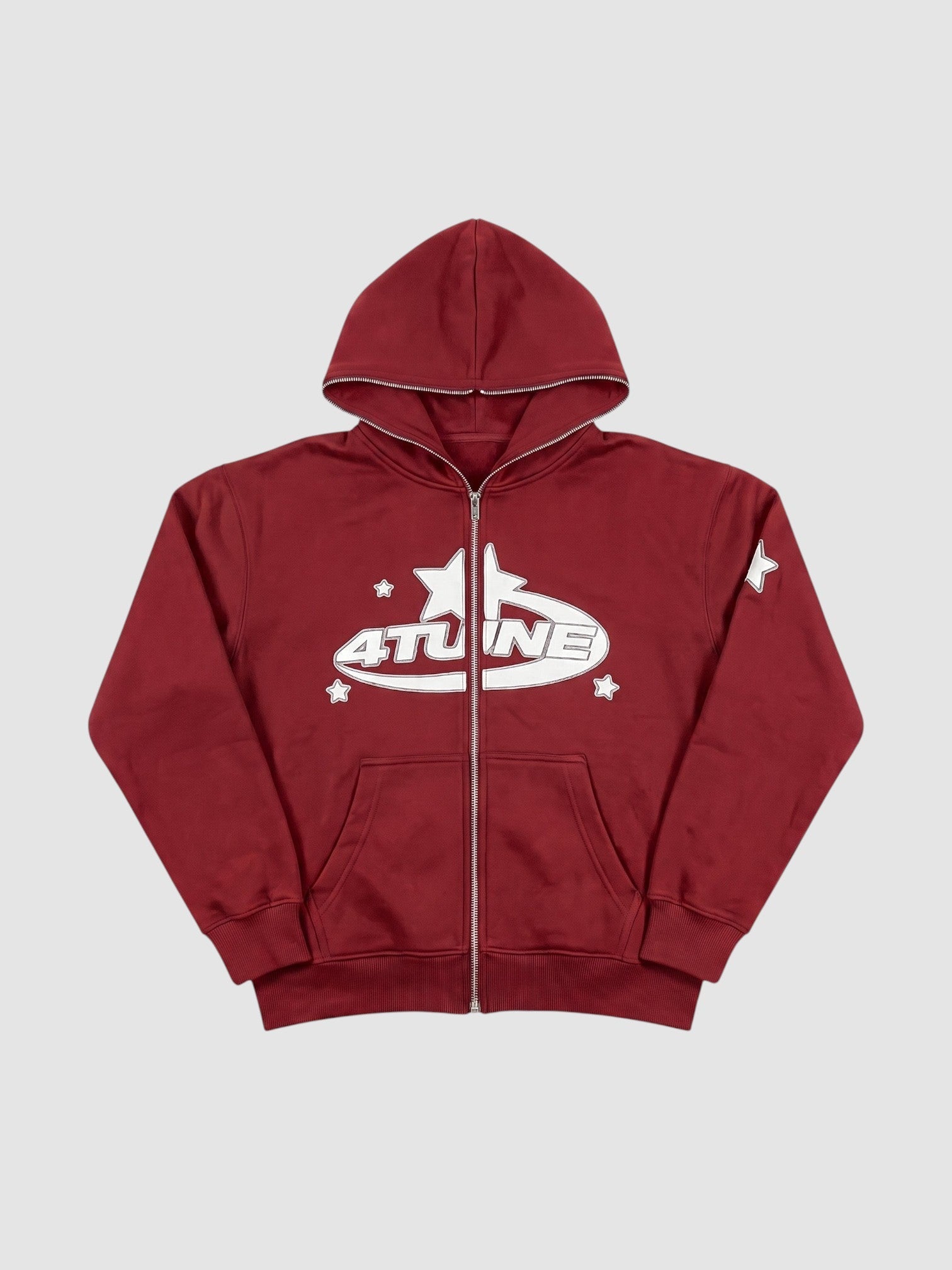 Y2K AVENUE burgundy zip-up hoodie with white star lettering graphic, fleece-lined interior, and oversized fit.