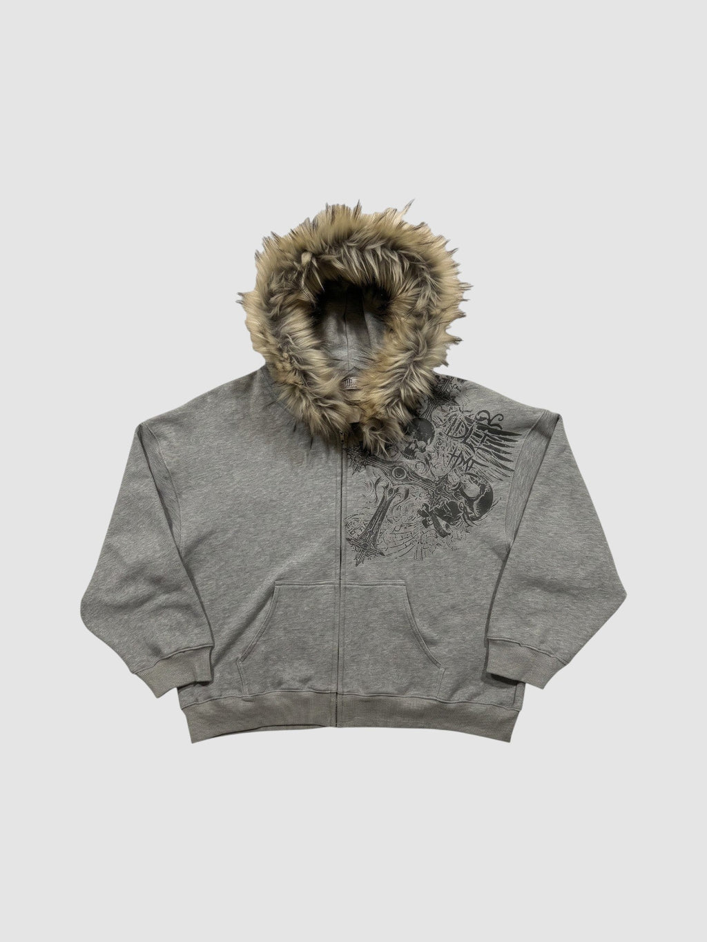 Y2K AVENUE charcoal grey zip-up hoodie with faux fur hood and silver tattoo-style graphic print on the chest
