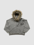 Y2K AVENUE charcoal grey zip-up hoodie with faux fur hood and silver tattoo-style graphic print on the chest