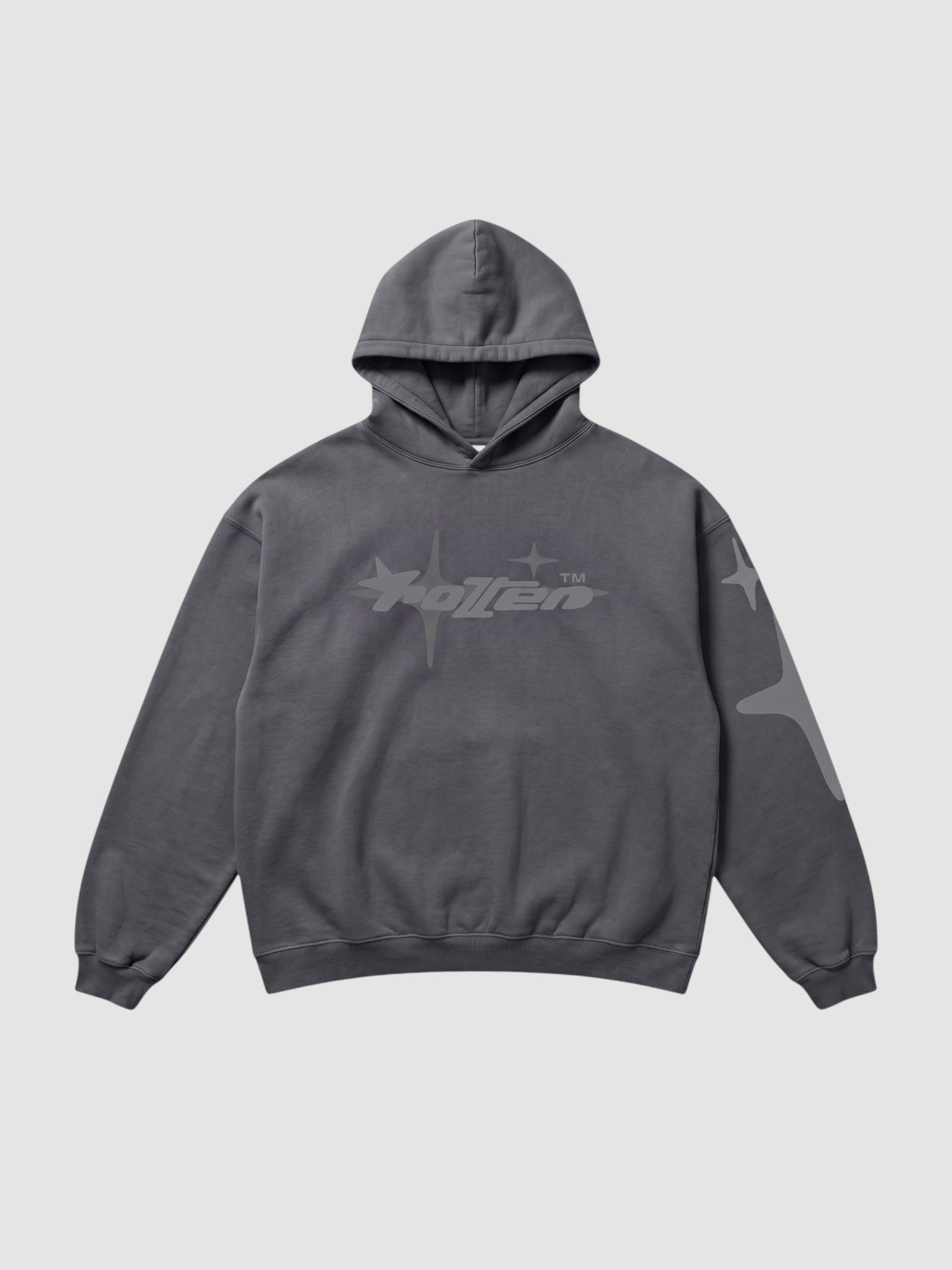 Y2K Avenue charcoal grey oversized hoodie with star graphic print and lettering on chest and sleeve