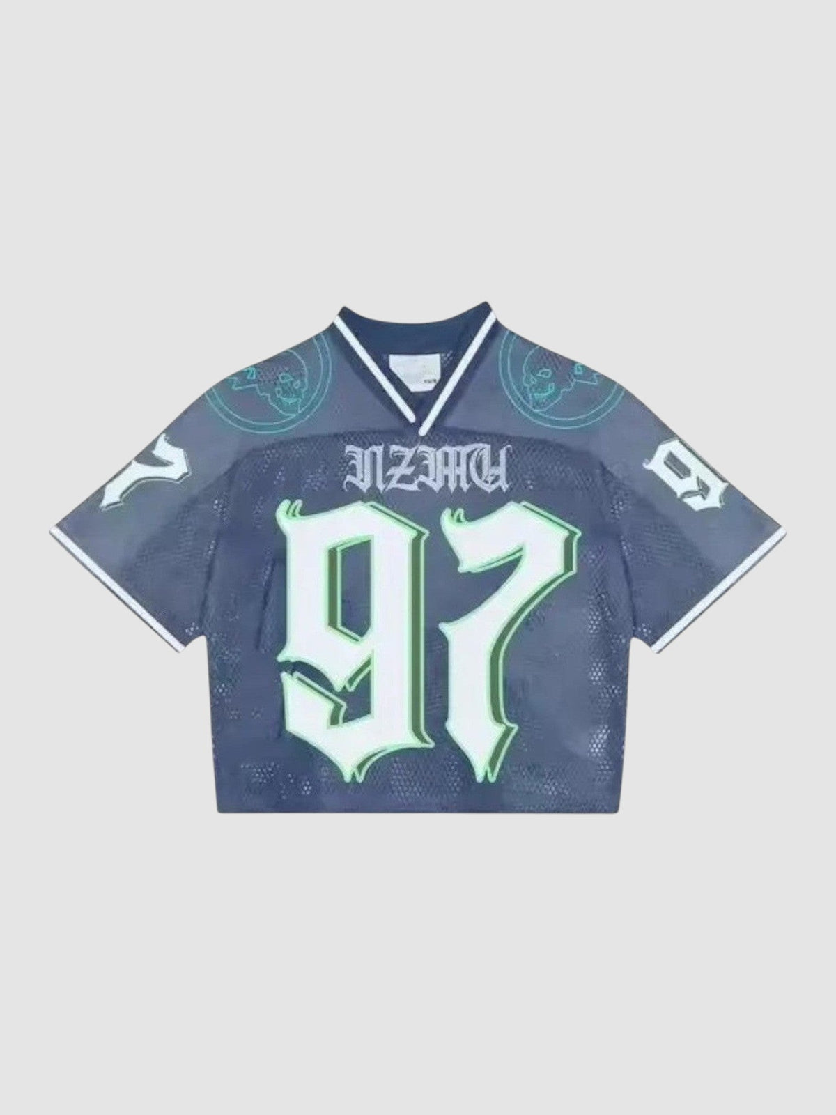 Y2K Avenue cropped football jersey in black mesh with white and green 97 graphic and V-neck collar