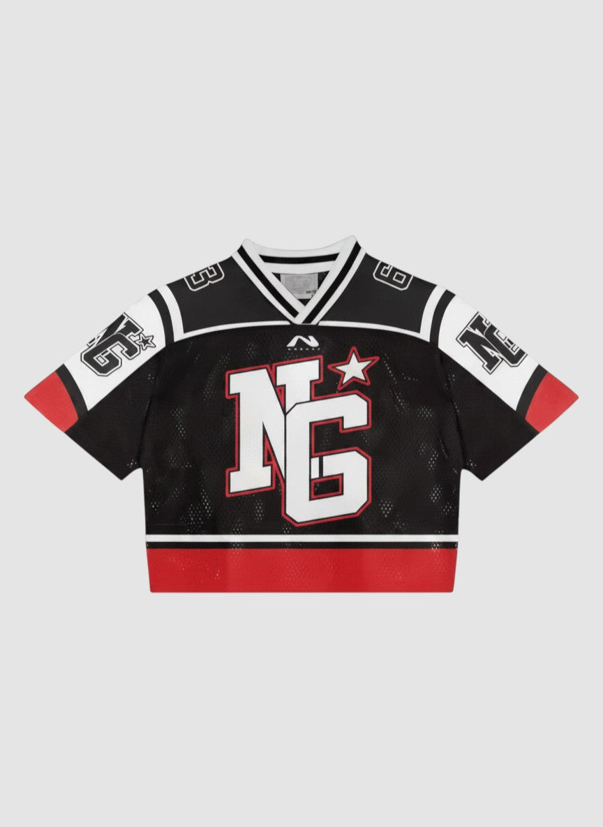 Y2K Avenue cropped black mesh football jersey with white and red accents, V-neck, and graphic monogram print.