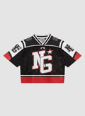 Y2K Avenue cropped black mesh football jersey with white and red accents, V-neck, and graphic monogram print.