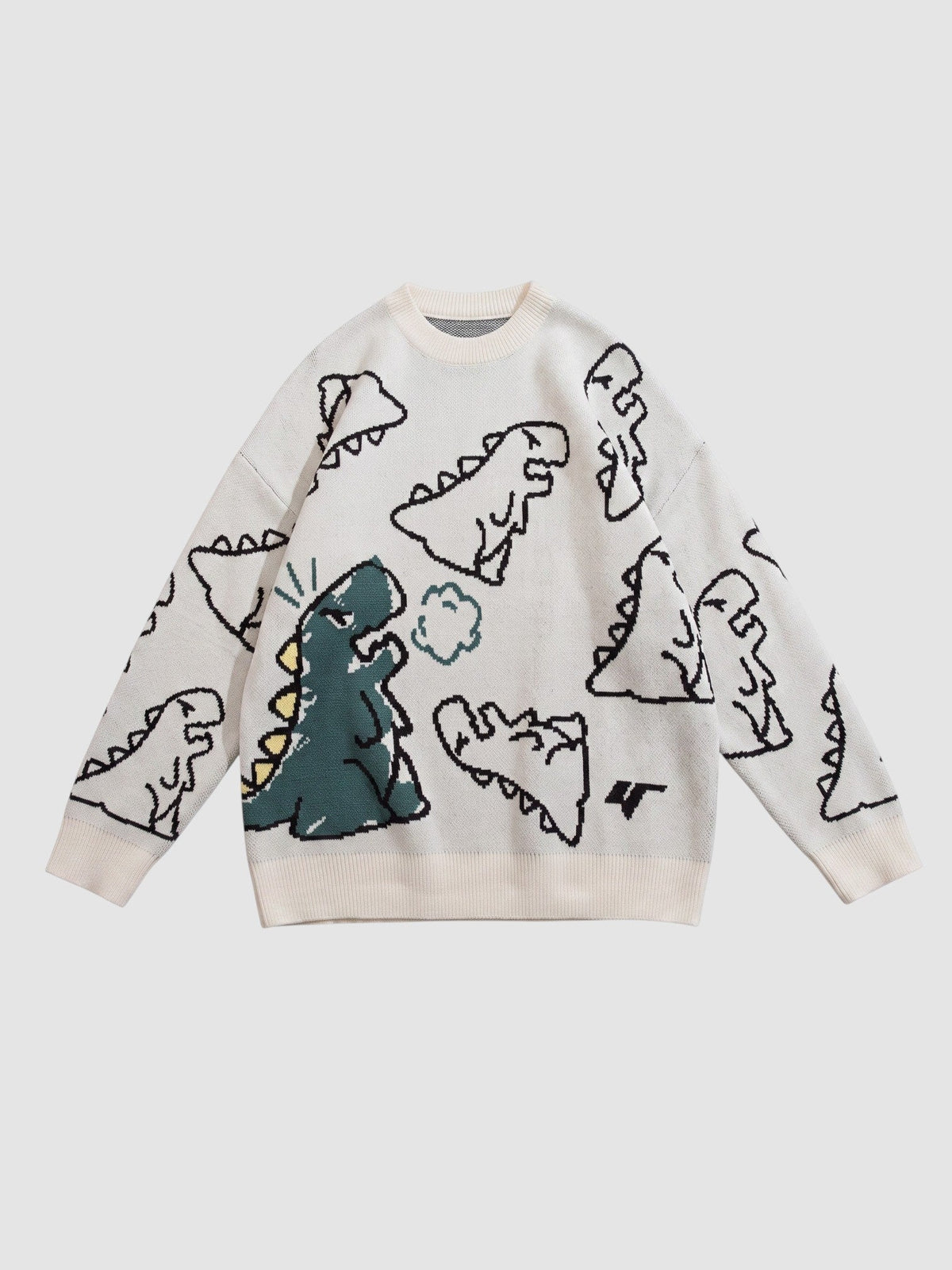 Y2K AVENUE cream knit sweater featuring a playful all-over cartoon dinosaur pattern with a crew neck and long sleeves.
