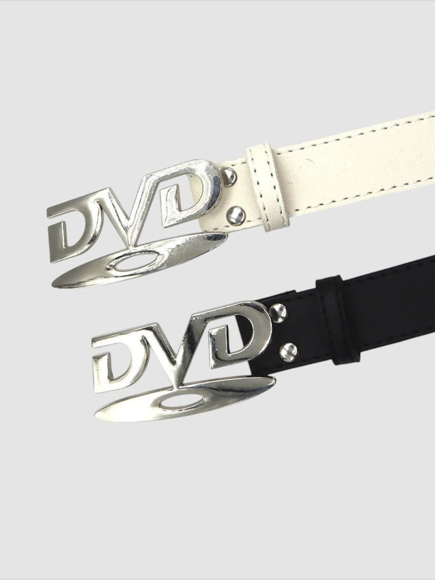 Y2K Avenue DVD belts in black and white faux leather with silver metal disc-shaped buckles
