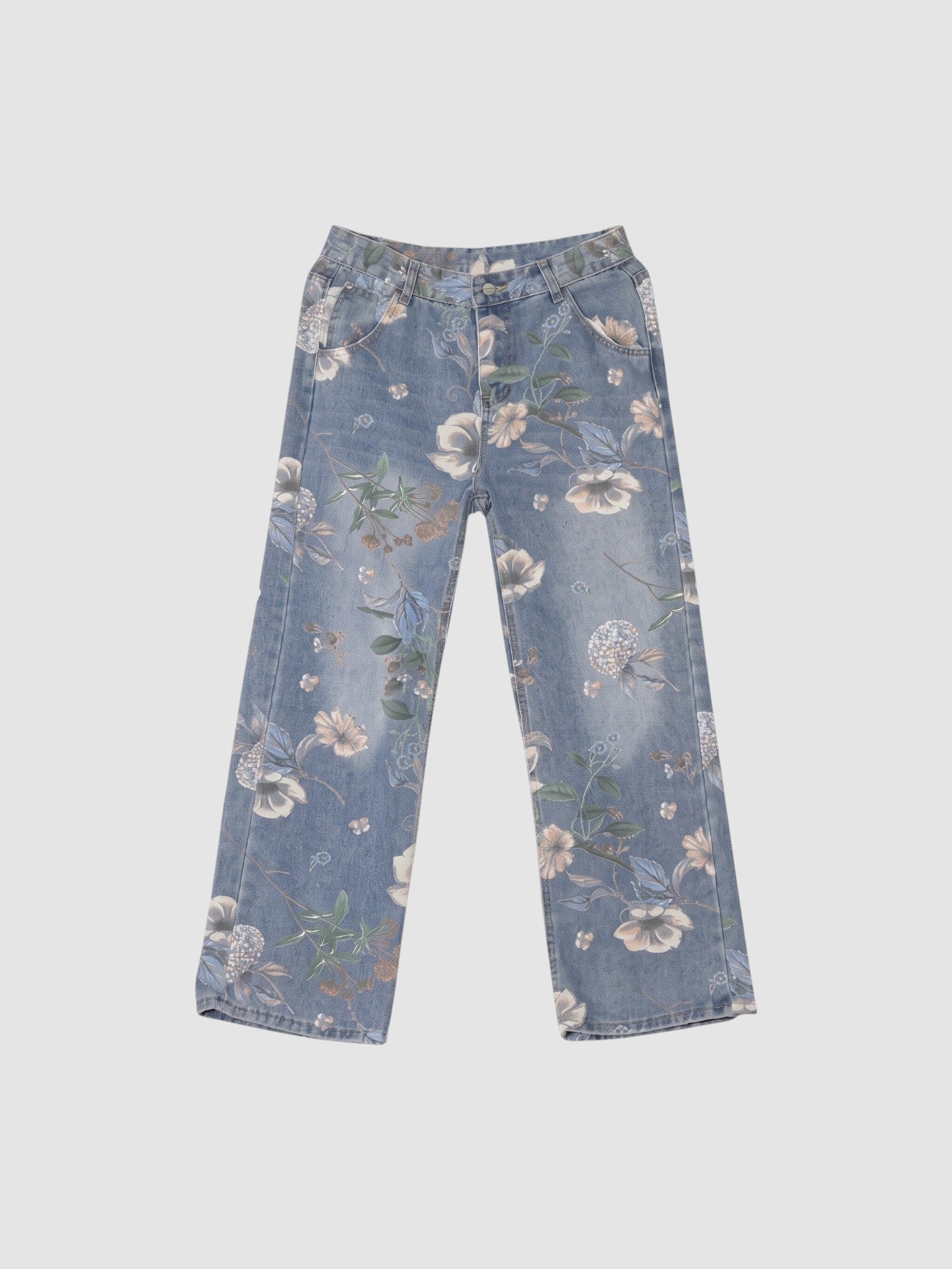 Y2K Avenue light blue denim jeans featuring a watercolor floral print with pink and white flowers and green foliage.