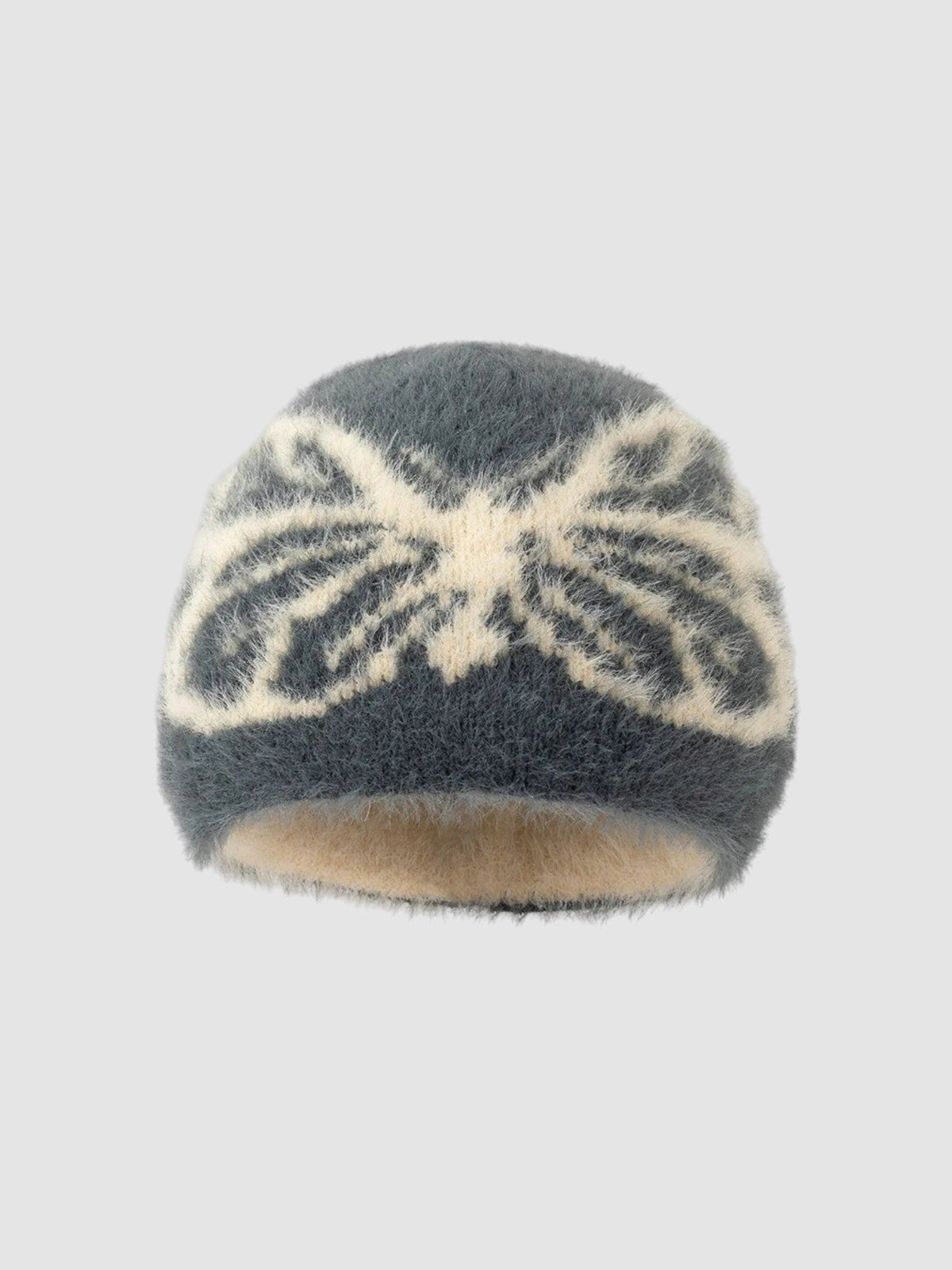 Y2K Avenue black and white fuzzy butterfly beanie with a soft plush texture and Y2K aesthetic design