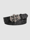 Y2K Avenue black faux leather belt with floral tooling and an ornate silver cross buckle in a gothic rock style.