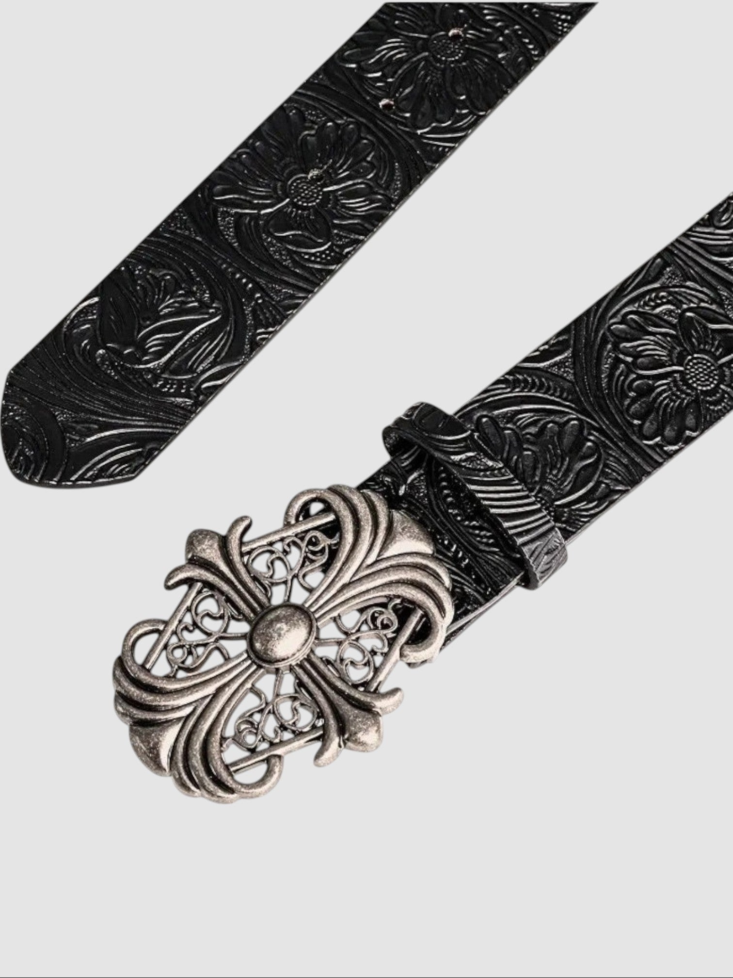 Y2K Avenue gothic black faux leather belt with floral tooling and an ornate silver cross buckle