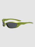 Y2K Avenue green metallic wraparound sunglasses with dark tinted lenses and a futuristic aerodynamic frame design