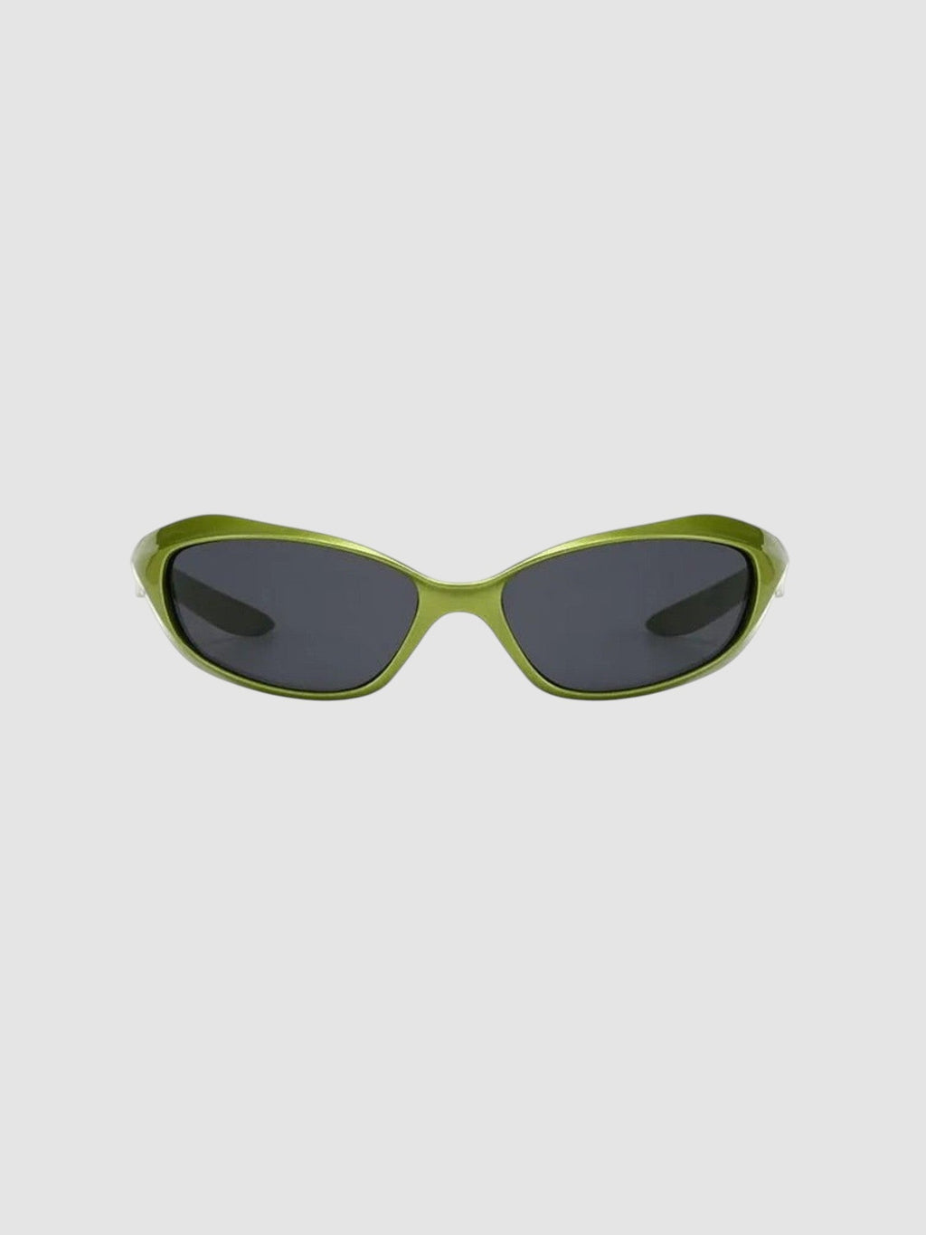 Y2K Avenue futuristic wraparound sunglasses with a metallic green frame and dark tinted UV400 lenses
