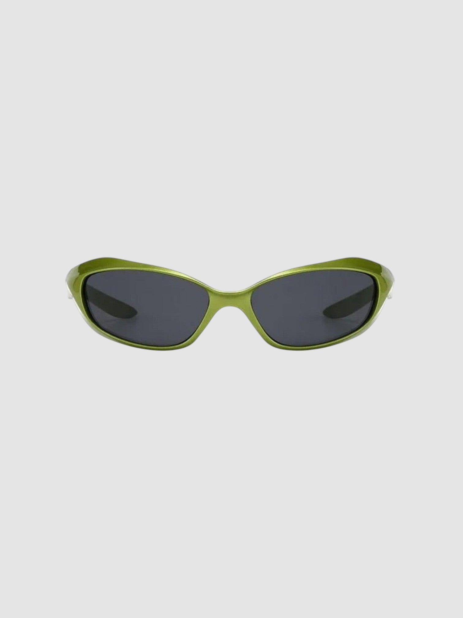 Y2K Avenue futuristic wraparound sunglasses with a metallic green frame and dark tinted UV400 lenses