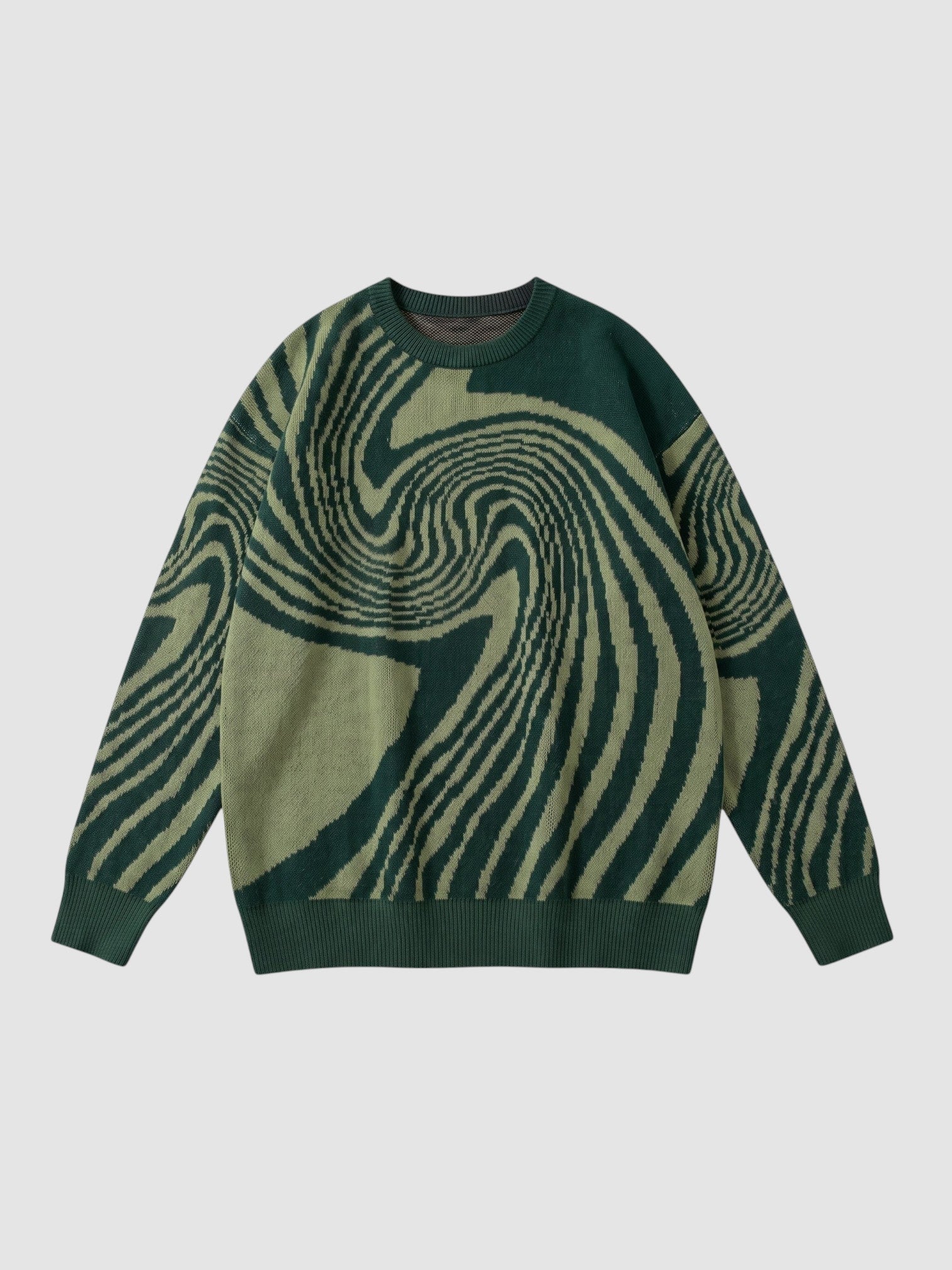 Y2K AVENUE long-sleeve knit sweater featuring a dark green and olive spiral swirl pattern with a crew neck.