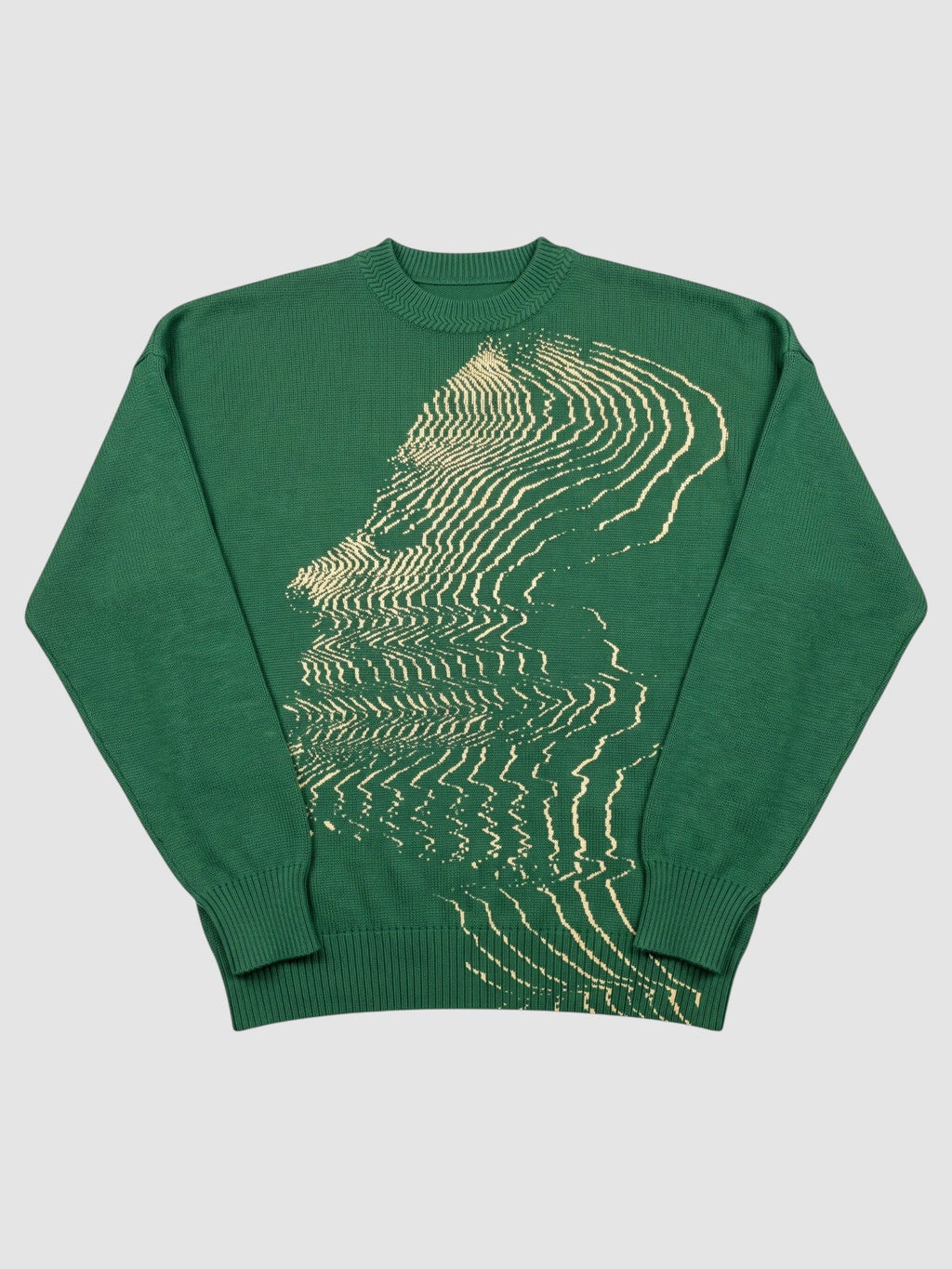 Y2K AVENUE bottle green oversized acrylic knit sweater featuring a cream wavy face graphic and drop shoulders.