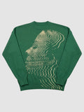 Y2K AVENUE bottle green oversized acrylic knit sweater featuring a cream wavy face graphic and drop shoulders.