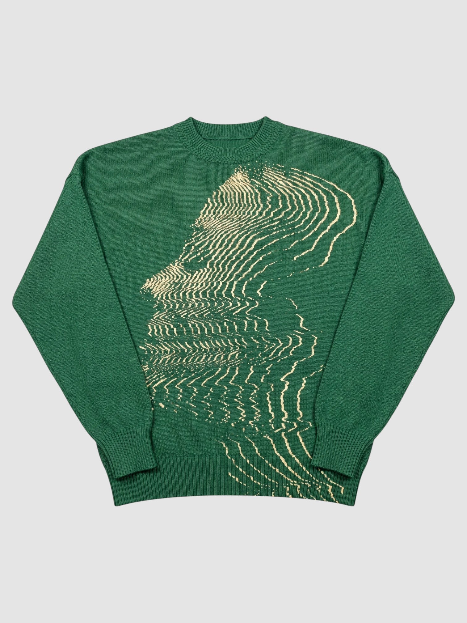 Y2K AVENUE bottle green oversized acrylic knit sweater featuring a cream wavy face graphic and drop shoulders.