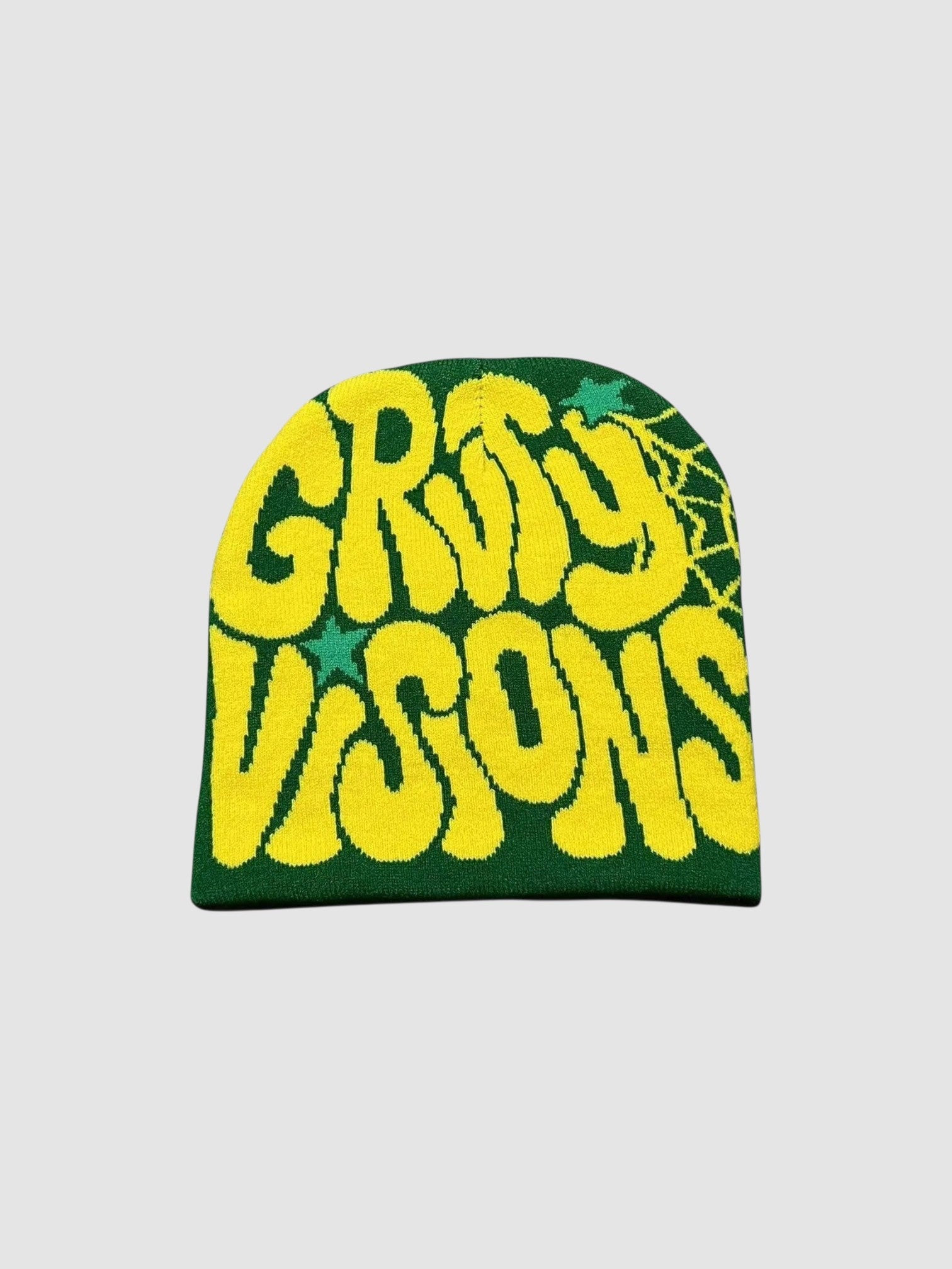 Y2K Avenue vintage beanie in green and yellow with Groovy Visions graffiti bubble lettering and star accents