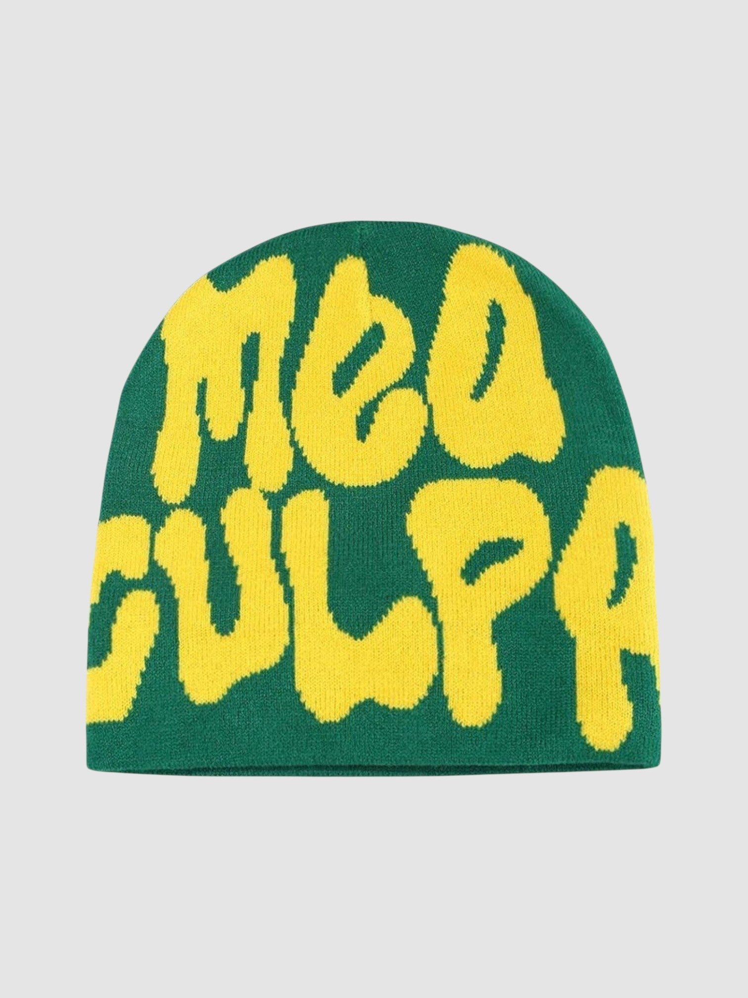 Y2K Avenue green beanie with yellow graffiti-style Mea Culpa bubble lettering in a skullie fit