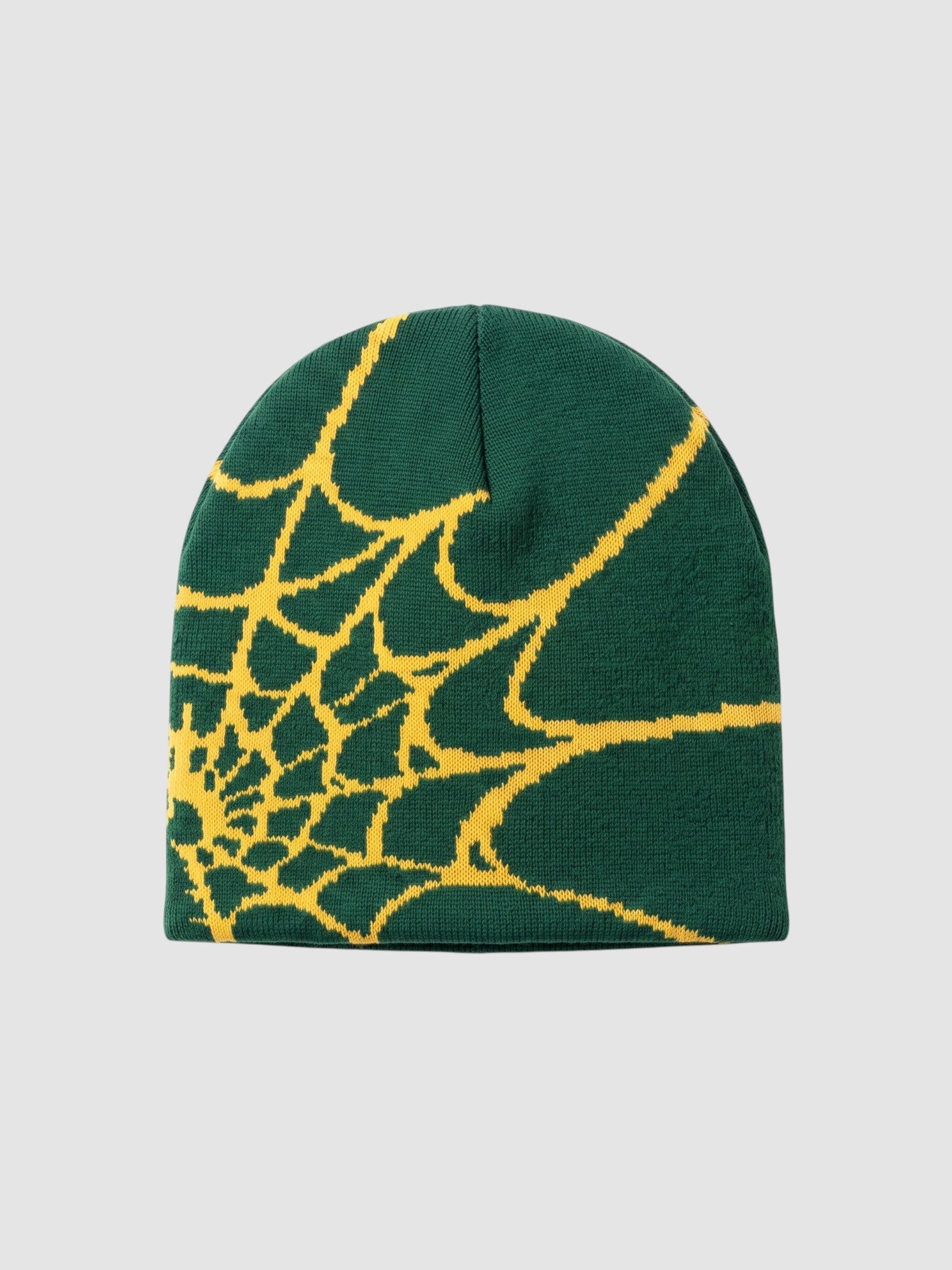 Y2K Avenue green beanie with a yellow spider web pattern in a lightweight knit fabric
