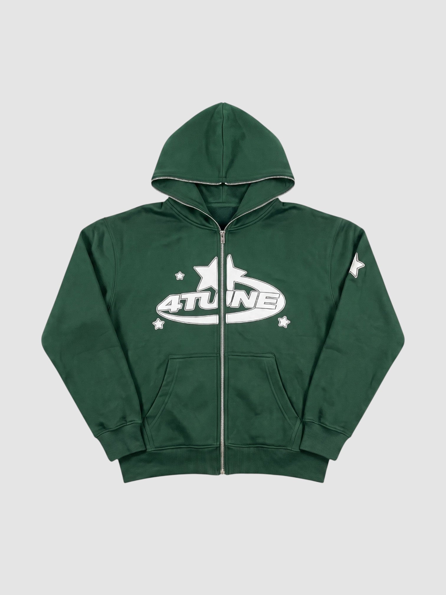 Y2K Avenue dark green zip-up hoodie with white star graphic lettering and full-length front zipper