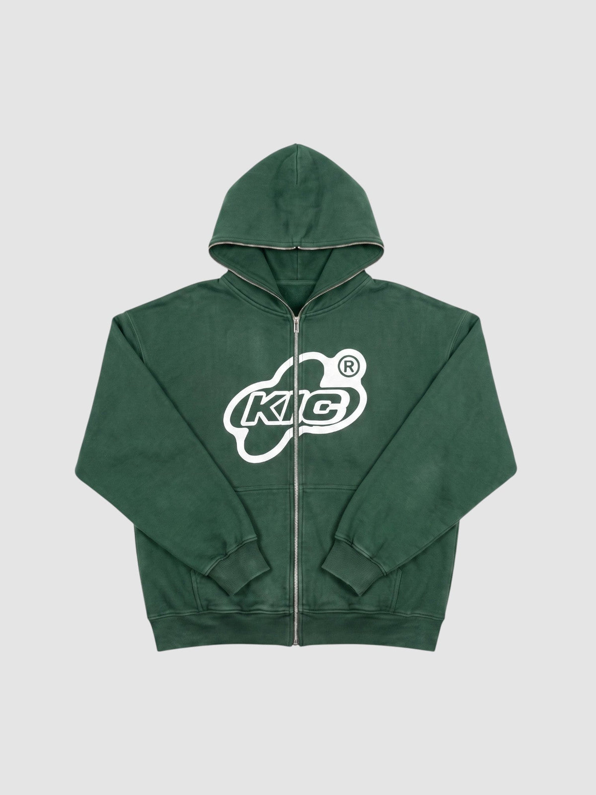 Y2K Avenue oversized green zip-up hoodie with white bubble logo graphic and full-length front zipper