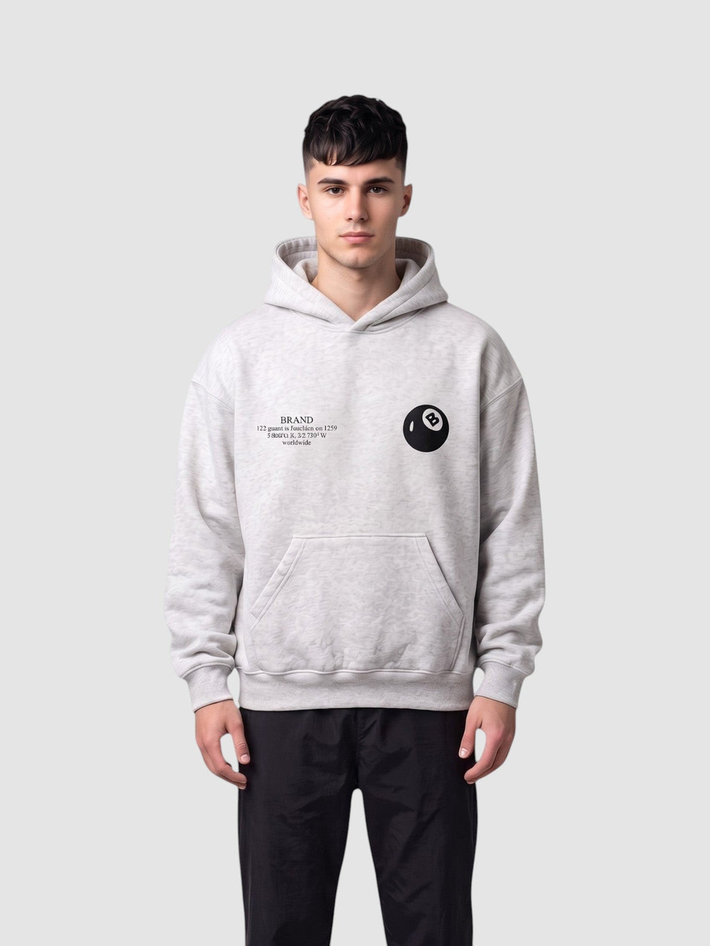 Y2K Avenue grey heathered boxy hoodie with 8-ball chest logo and kangaroo pocket worn by a male model