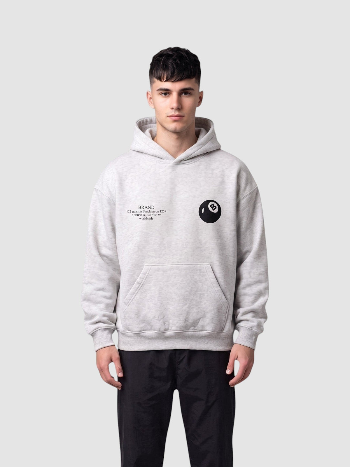 Y2K Avenue grey heathered boxy hoodie with 8-ball chest logo and kangaroo pocket worn by a male model