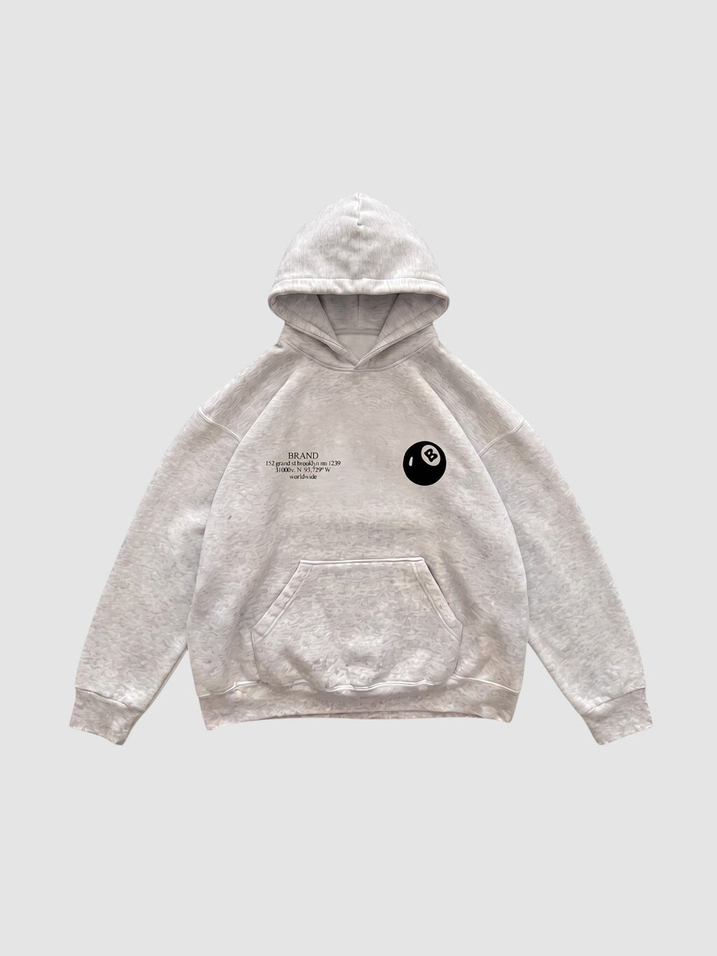 Y2K Avenue grey boxy hoodie with a small 8-ball graphic and text on the chest, featuring a kangaroo pocket.
