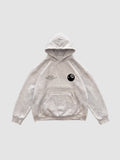 Y2K Avenue grey boxy hoodie with a small 8-ball graphic and text on the chest, featuring a kangaroo pocket.