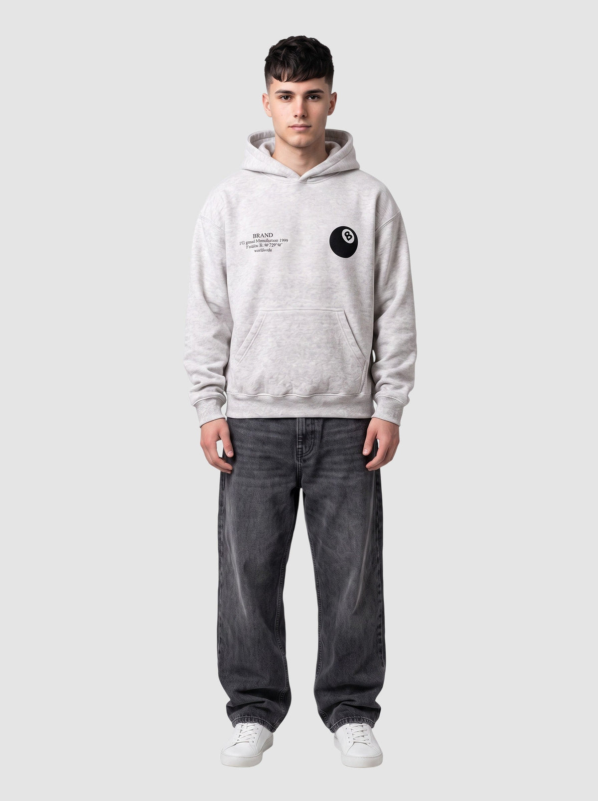 Y2K Avenue grey marl boxy hoodie with 8 ball chest logo and kangaroo pocket worn by a man with dark jeans